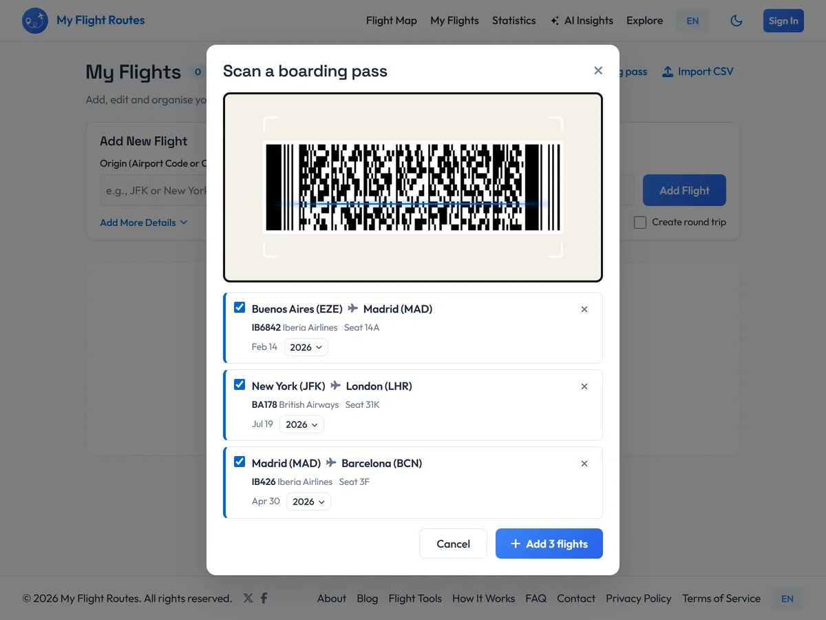 Three flights read from three boarding passes in a row, each with its airports, flight number, seat and date, and a button to add all three at once Three flights read from three boarding passes in a row, each with its airports, flight number, seat and date, and a button to add all three at once
