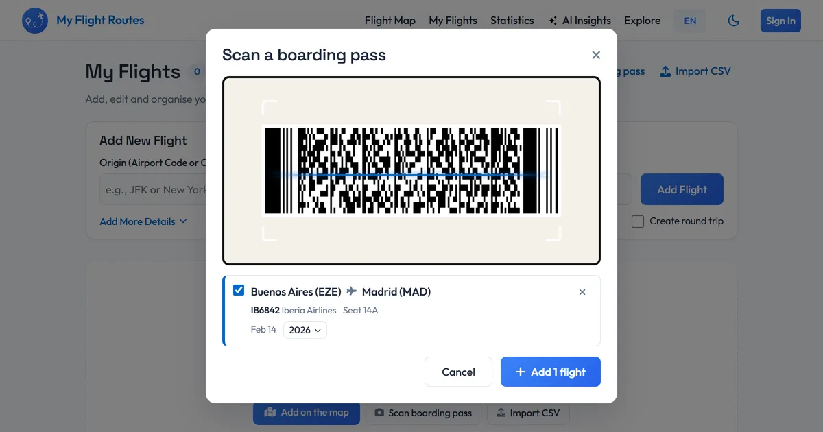 The boarding pass scanner with a paper pass barcode in the camera view and, underneath, the flight it read: Buenos Aires to Madrid, IB6842, seat 14A, ready to add The boarding pass scanner with a paper pass barcode in the camera view and, underneath, the flight it read: Buenos Aires to Madrid, IB6842, seat 14A, ready to add